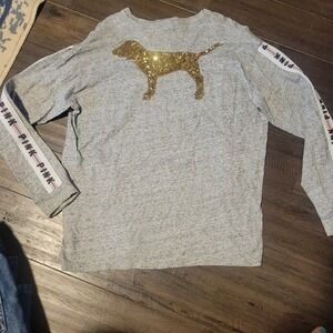 Victoria's Secret PINK Grey Gold Sequin Dog Logo Long Sleeve Tee Shirt Size L